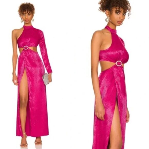 NBD REVOLVE Raquel Gown in Fuchsia Purple Asymmetric Cut Out Snakeskin Satin XS - Picture 1 of 14